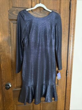 Shimmery Navy Long-Sleeve Ruffle-Hem Dress